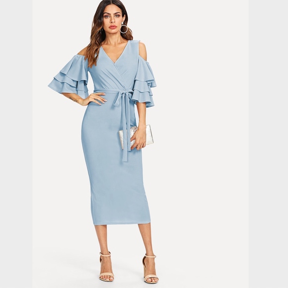 Rouge! Dresses & Skirts - Cold Shoulder Ruffle Detail Pencil Midi Belt Dress